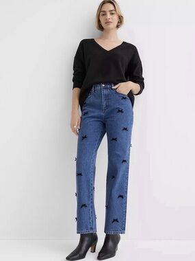 LOFT Blue Denim Jeans with Black Bow Accents